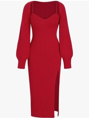 Cider Red Ribbed Midi Dress with Sweetheart Neckline and Side Slit